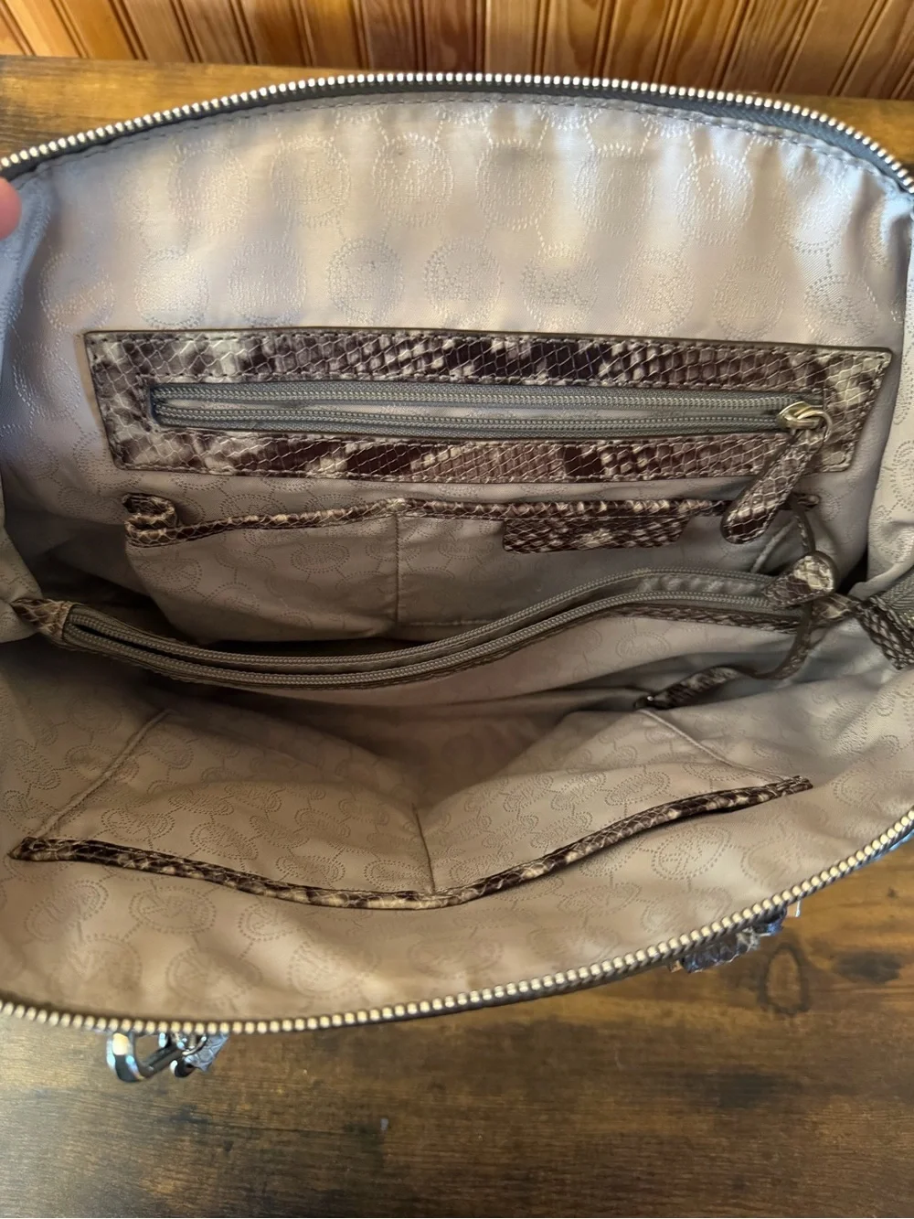 Michael Kors Snake-Print Shoulder Tote in Gray and Brown - Picture 2 of 2